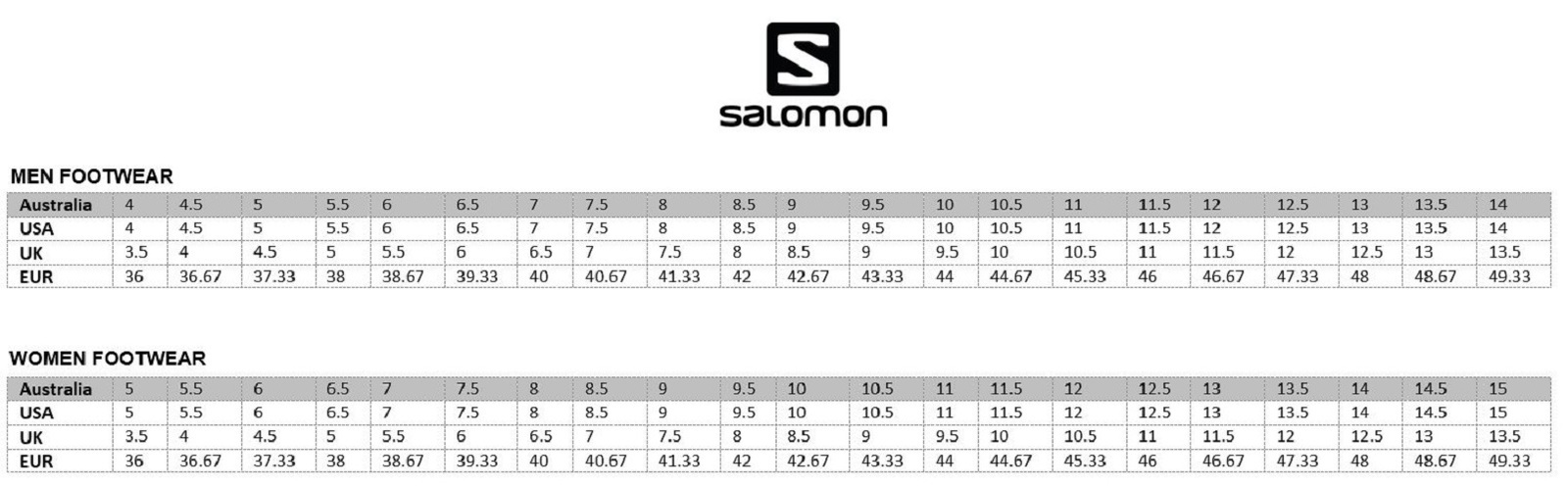 salomon women's shoe size chart