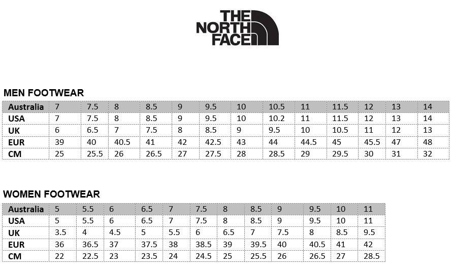 the north face shoes size chart