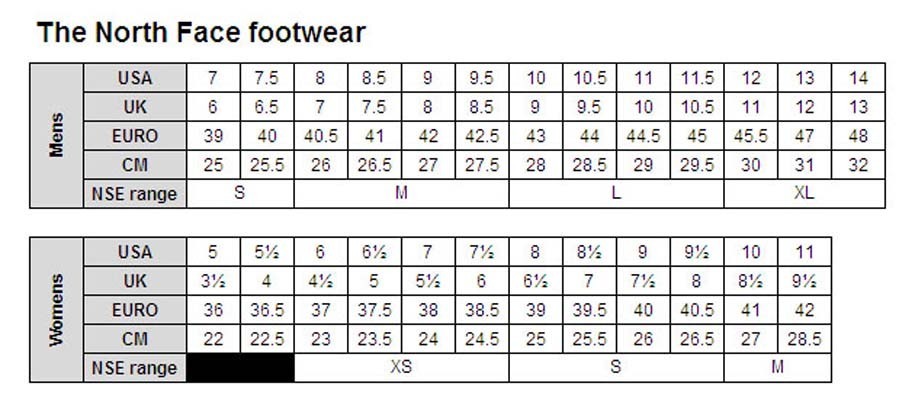 north face shoe size 