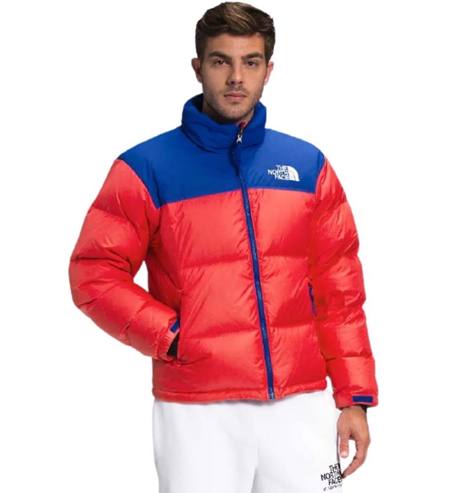 red and blue north face jacket