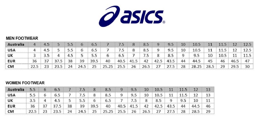 asics running shoes size guide
