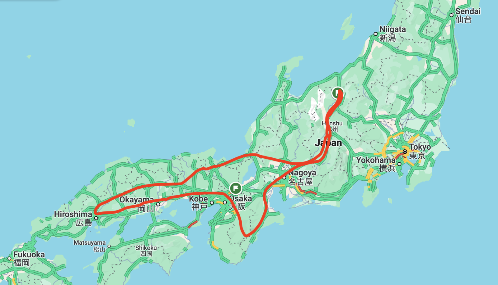 Map of Japan with driving route from Nagano to Hiroshima and back