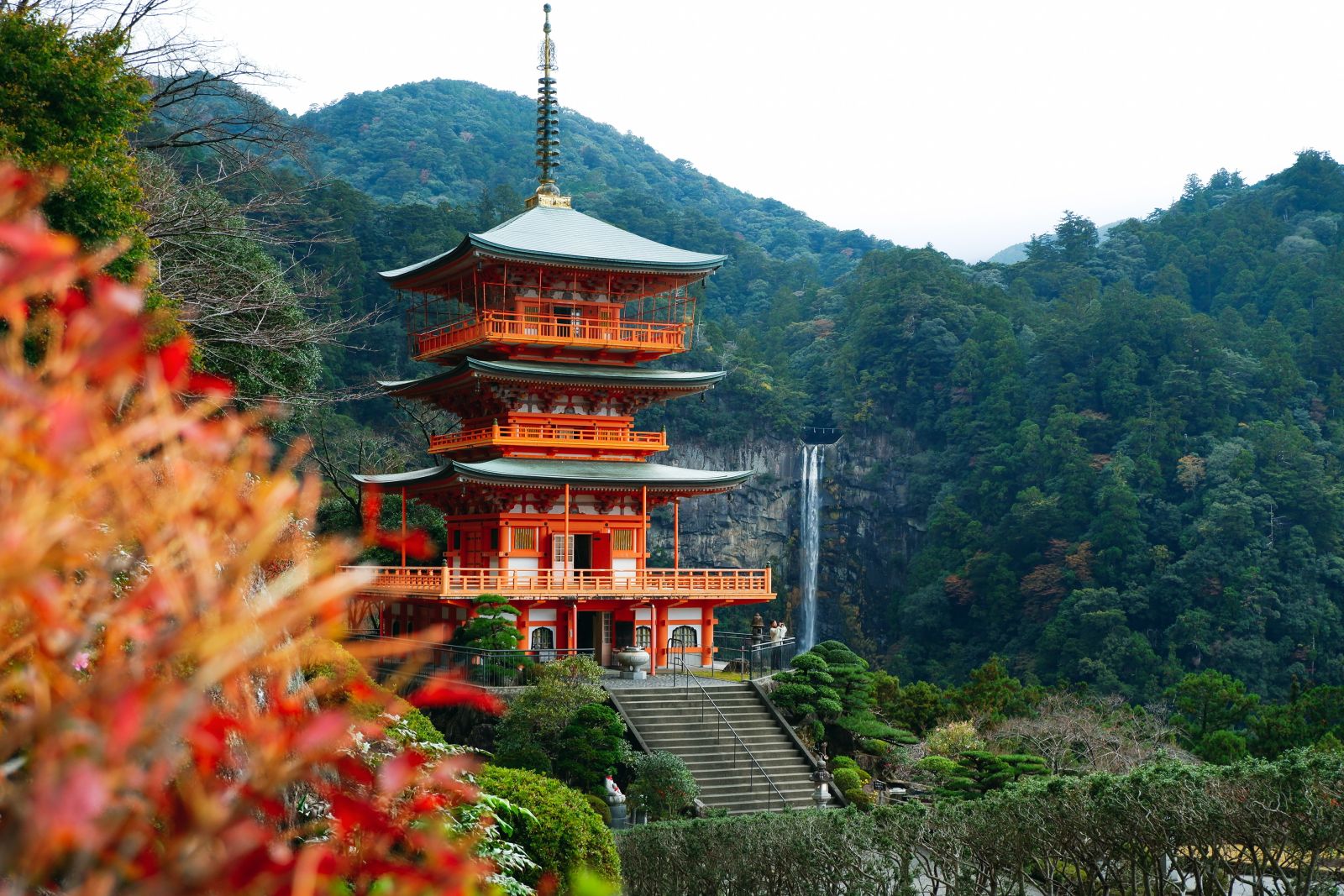 Red Japanese temple in the mountains