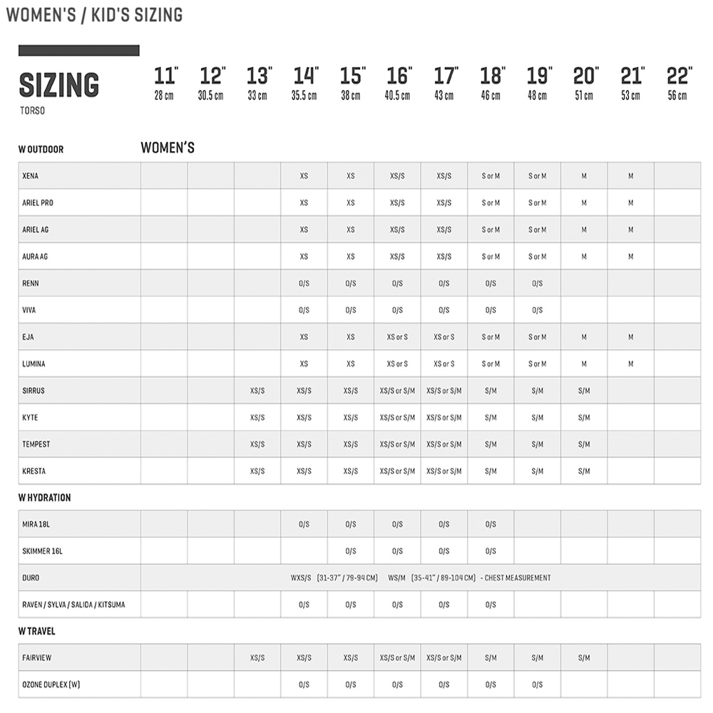 osprey size chart