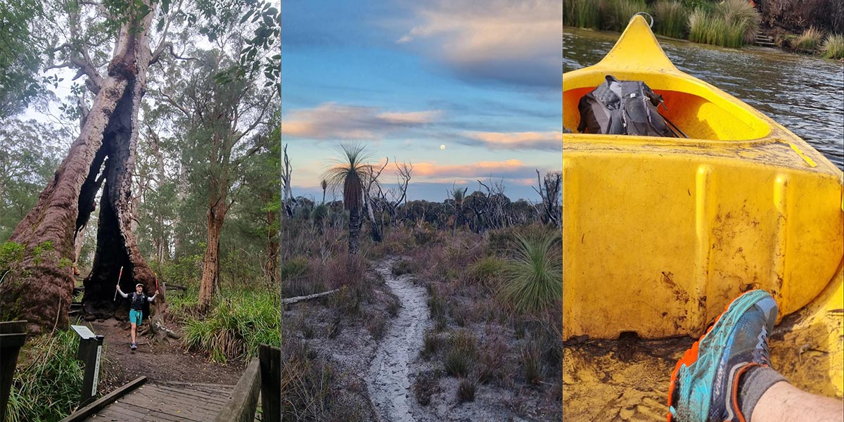 3 Images of Reid running, the landscape and point of view of Reid in a kayak