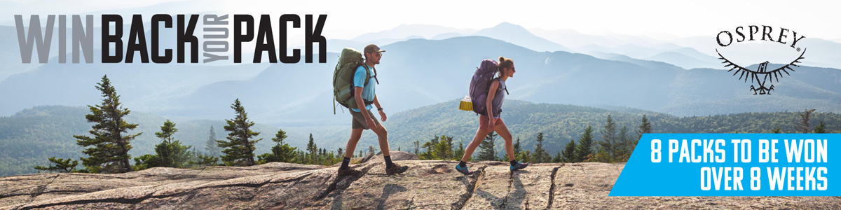 Osprey Win Back Your Pack Header - 2 people hiking in the mountains with Osprey backpacks