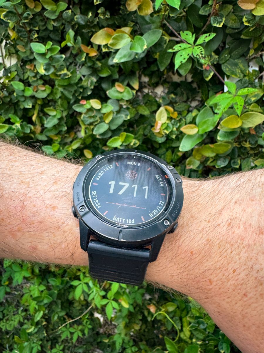 Black Garmin watch on a male's write with a green leafy background