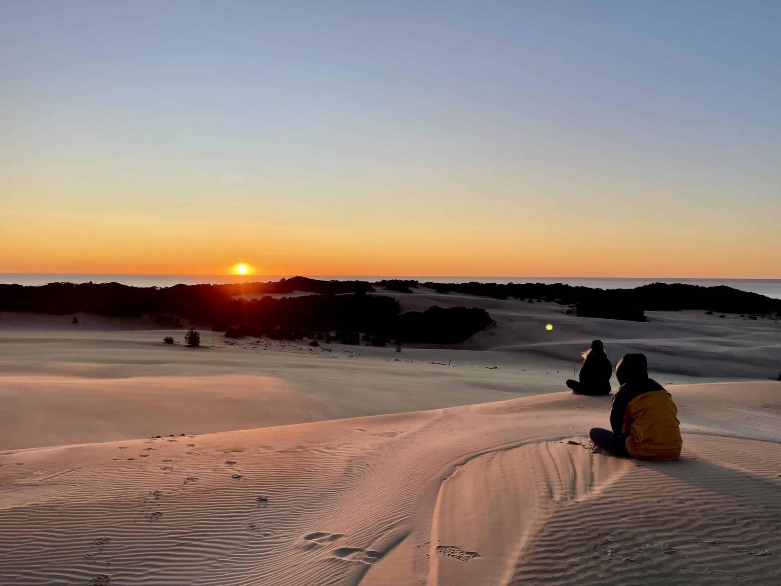 Two people sitting on the sand dunes overlooking the ocean